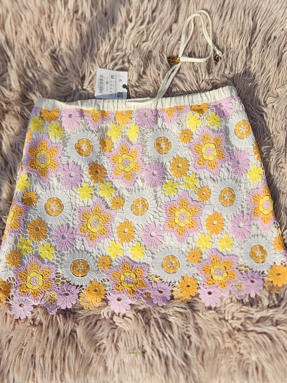 Zara White Crochet Floral Mini Skirt with Yellow and Pink Flowers NWT